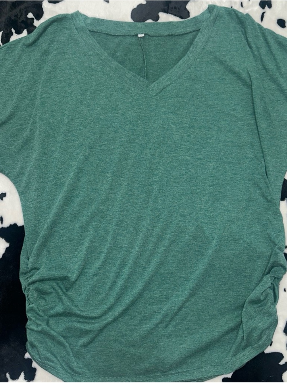 V-Neck Short Sleeve Top with Side Gather in Teal Green